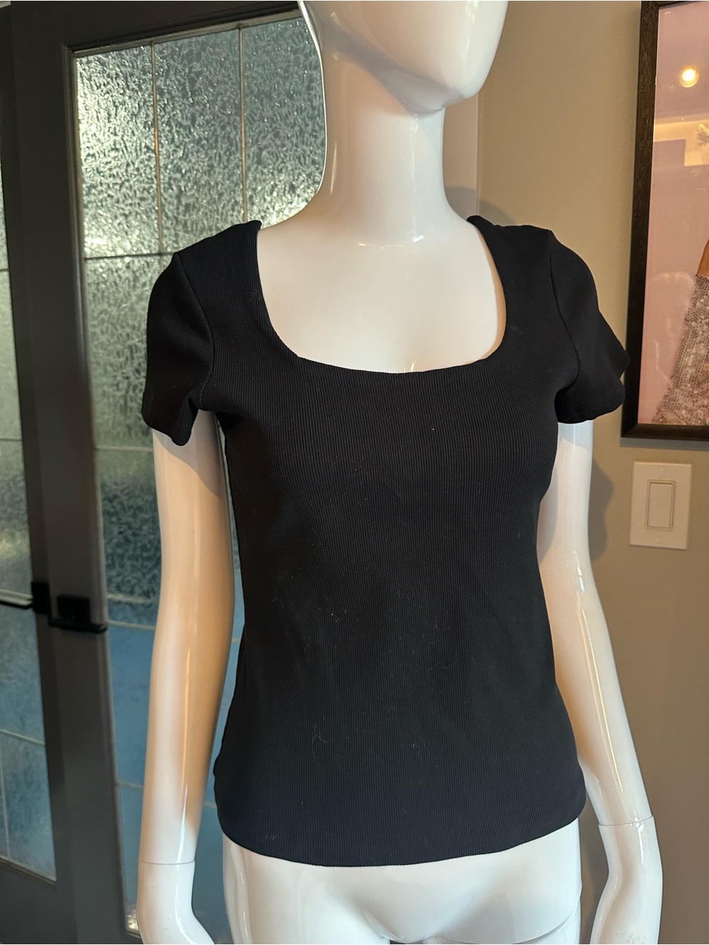 Square Neck Ribbed Short Sleeve Tee - Black
